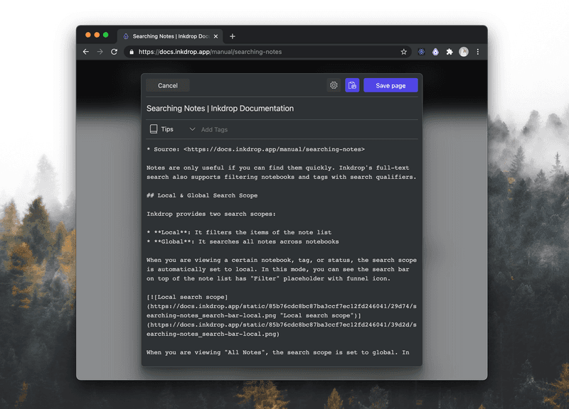Inkdrop Web Clipper window
